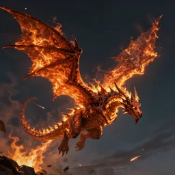 a detailed digital art of a massive dragon-like creature with wings made of fire blazes through the night sky, leaving behind a trail of destruction, 'by Joseph Cornell, Lawren Harris and James Jean:2', 'style of opalescent, Myst, optical illusion, grim dark, Ancient Egyptian, Cambrian,detailed, ornate, maximalist, 8k, cinematic, compositing, post processing, award winning art,artstationHQ,artstationHD