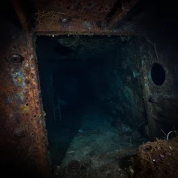 inside of a rusty shipwreck, underwater, creepy, horror, eerie, scary,