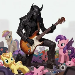 doom guy playing guitar on a pile of my little pony corpses, cgsociety, hyperdetailed, 8k, artstation