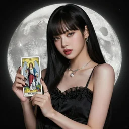 lalisa manoban of blackpink, goddess of the moon, tarot card, highly detailed, digital painting, smooth, sharp focus, illustration, ultra realistic, 8 k, art by artgerm and alphonse mucha