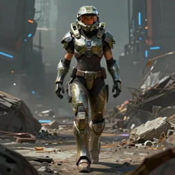 a female body builder walking across a cyberpunk wasteland, mjolnir armor from halo infinite no helmet, attractive female face, symmetrical face details, ultra realistic, very highly detailed, 8K, octane render, Digital painting, concept art, illustration, rule of thirds, sharp focus, facing camera, centered, good value control, realistic shading, Jens Hauch