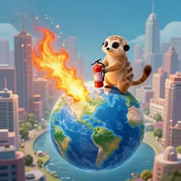 meerkat holding a fire extinguisher and extinguishing the planet earth on fire, whole planet view, towering the skyline, fantasy, high quality matte painting, cartoony