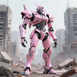 hyperrealistic exoskeleton mecha iridescent pink brutalist city ruins background concept art santiago caruso de chirico sharp very dramatic green light 8k low angle shallow depth of field