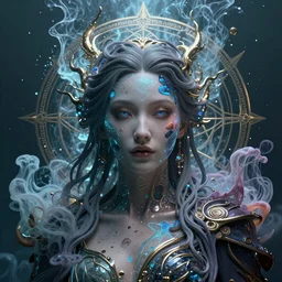 a render of an ancient futuristic ethereal alluring goddess with digital modifications surrounded by a underwater ink pour and flowing liquid gallium and complex sacred geometry, powerful, cinematic, beautifully lit, perfect face, by beeple, by artgerm, by karol bak, 3 d, trending on cgsociety, octane render, zbrush central, 8 k