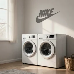 a beautiful photo of laundry room, nike logo on the wall, soft light, morning light, photorealistic, realistic, octane, 8k, cinematic shot