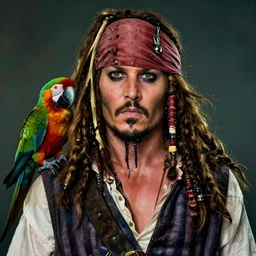 johnny depp as jack sparrow, parrot on the shoulder, realistic portrait, 8k resolution, hyper detailed, studio lighting, cinematic