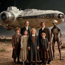 256k film still from a sci fi blockbuster color movie made in 2022, set in 1860, of a family standing in front of a spaceship that has just landed on an alien planet, a humanoid alien creature stands nearby, the family are all wearing 1850s era clothes, cinematic lighting, human faces, extremely good lighting, winner of seven oscars