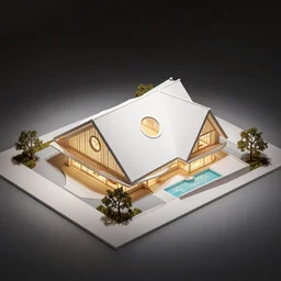 architectural model, isometric view, 3 d render, studio lighting, low contrast, brightly lit studio, highly detailed, a thick house with triangular plan and circular windows, mansard roof, post - modernism, high tech, pool, tree