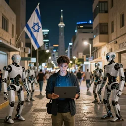 night tel aviv streets, alone software developer of greatest ai looking for job, photorealism, face claver, detailed, robots anywhere, tel aviv, menora, magen david, hi tech, flag of israel