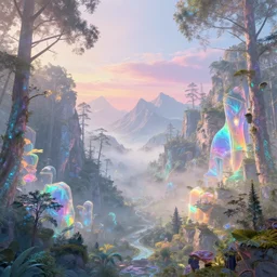 highly detailed holographic iridescent glowing ethereal sci fi world with forests, mountains, fog at dusk, by gilbert williams, by simon stalenhag, by beeple, by bruce pennington, by moebius, octane render, with many different pastel shades of blue purple pink orange yellow green, beautiful prismatic volumetric lighting