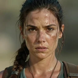 a film still of lara croft as ninja, her face muddy and sweat, direct sun light, close up potrait, sharp and detail, cinematic,