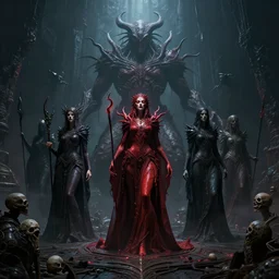 by oka yasutomo and anna dittmann, visually stunning, cinematic, ultra realistic, hyper realism, 1 2 k, epic, octane render, unreal engine, vfx, maya, the dark priestesses created this titan through the spirits of the dead warriors, the mind flayer, ultra complex world in a box in the dark, liminal space, devotion to the scarlet woman, so scary and cool