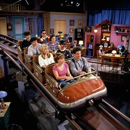 1990s photo of inside the Friends Show roller coaster at Universal Studios in Orlando, Florida, riding a sofa coaster through the Friends apartments , cinematic, UHD
