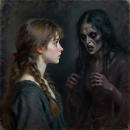 a girl looking at evil, impressionism, oil painting, highly detailed