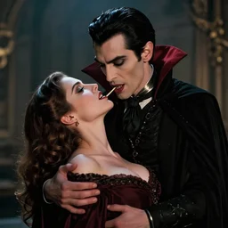 elegant dracula from space, bitting a woman's neck, soft lighting, mysterious atmosphere, hyper realistic, hyper detailed, fine clothing, handsome, jeff easley,