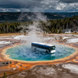 A London bus sunk in the Grand Prismatic Spring, Yellowstone National Park