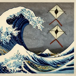 “woodcut of kites, Hokusai, color”