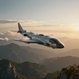a cyberpunk airshift is flying high in the sky above the mountains, epic, surreal, cinematic shot, golden hour, artstation, deviantart, dreamy atmosphere, high definition