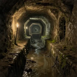 inside the ancient flooded sewers in the old part of the city. fantasy art, underground, adventure, wet, standing water, channel, canal, muck, mud, stagnant water, stream, channel, musty, moss, sewage, darkness, underground, abandoned spaces, torchlight. engraving by piranesi