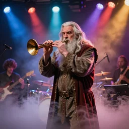 gandalf playing a magical instrument in a funk band, fog machine, colored spotlights