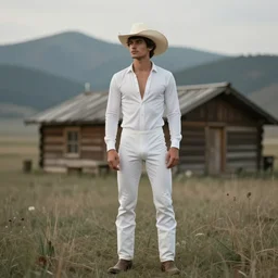 a beautiful ethereal homoerotic full - body portrait of a cowboy wearing white longjohns | he's wearing a cowboy hat and his outfit is unbuttoned | background is a cabin in the mountains | muted colours, dreamlike | by mark maggiori and frederic remington | trending on artstation