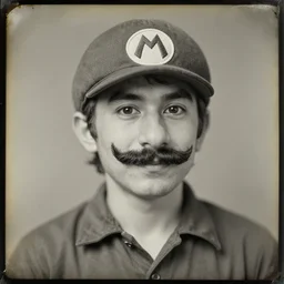 photo of mario as a real person, traditional portrait, face neck shoulders, 8 k, ambrotype