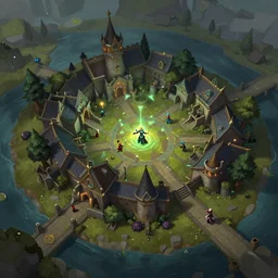 aerial view of medieval village on island, leage of legends style digital painting bioluminance alena aenami artworks in 4 k design by lois van baarle by sung choi by john kirby artgerm style pascal blanche and magali villeneuve mage fighter assassin