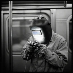 Welder in welding mask in a subway, by Richard Avedon, tri-x pan stock
