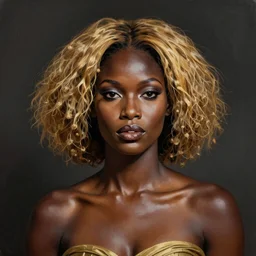 a professionally painted african female model , grace jones, clothed in ancient, dark skin, dark gold hair, beautiful bone structure, symmetrical facial features, stunningly beautiful, intricate, elegant, digital painting, smooth, sharp focus, illustration, made by Kara Walker, Jacob Lawrence