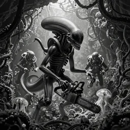 xenomorph greeting ocean divers emerging from the walls of a sunken tunnel rotting, beksinski, bruehgel, black and white, chainsaw, teeth, vines, detailed background, photograph, masterpiece, alien bifurcated hydromedusa gel shell