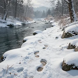 a unreal engine scene, concept art, hyperrealistic, ultra realistic, trending on artstation, high quality, river, winter, footprint, advanced technology, highly detailed, path traced, soft lighting, video game, soft colors, digital art, 8 k hdr, octane render, unreal engine 5,