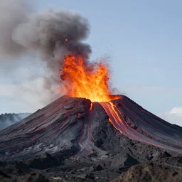 tilt shift of a volcano erupting with magma rocks flying into the air