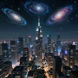 cyberpunk city with deep field and many galaxies in the sky, highly detailed, sharp focus