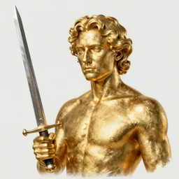 realistic portrait of a man made of gold, shinning sword, fame, 1450, ink, ultra realistic, 8k