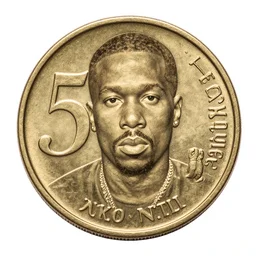 a photograph of a 5 0 cent coin depicting rapper 5 0 cent