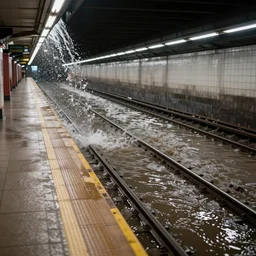 water pouring off the platform in a underground subway station, floodwater filling the tracks, associated press photo, stock photo