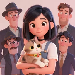 Lofi portrait of a girl holding a cat, Pixar style by Joe Fenton and Stanley Artgerm and Tom Bagshaw and Tim Burton