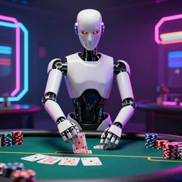 photorealistic robot poker dealer at table handing cards out cyberpunk bold neon colors