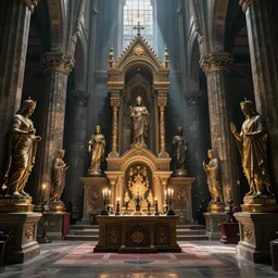 photo of a chaos cathedral interior statues occult altar, ritual