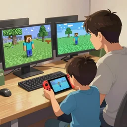 dad and son playing minecraft video games together, the dad is on a gamer pc and the kid on a red nintendo switch device, ultra detailed, delicate, in the style of anime.