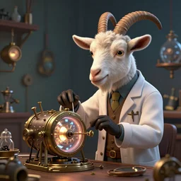 a goat who is a mad scientist, wearing a lab coat, inventing a time machine, steampunk style, digital art, trending on artstation and unreal engine, deviantart, smooth, hyper detailed, coherent