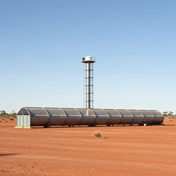 modular atmospheric water collector tower, electrostatic fog collector tunnel, fine sailcloth mesh, windtrap, with irrigation reservoir in the australian red desert, simple composition, rule of thirds