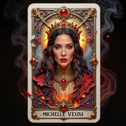 A beautiful detailed tarot card of Michelle Yeoh, by  tomasz alen kopera and Justin Gerard, symmetrical features, ominous, magical realism, texture, intricate, ornate, royally decorated, whirling smoke, embers, red adornements, red torn fabric, radiant colors, fantasy, trending on artstation, volumetric lighting, micro details, 3d sculpture, ray tracing, 8k, anaglyph effect