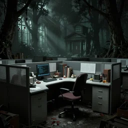 madness in 90s cubicle office in the style of Silent Hill