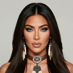 portrait cartoon render of a strikingly gorgeous assiniboine and mandan thick kim kardashian with blue eyes and long dark brown hair, wearing a native american choker, rossdraws, artgerm, norman rockwell, emiliano ponzi, epic composition, hd, octane, unreal engine, volumetric lighting, light rays, masterpiece, award - winning