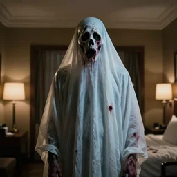 a still shot portrait of a scary male drug addict zombie ghost jumpscare to camera in a hotel room, horror