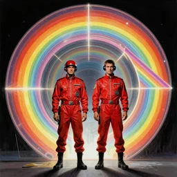 two time pilots wearing red rick owens pilot suits inside the glowing geometric rainbow portal to the sixth dimension by frank frazetta