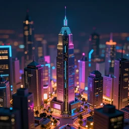 miniature model of a cyberpunk city with neon lights