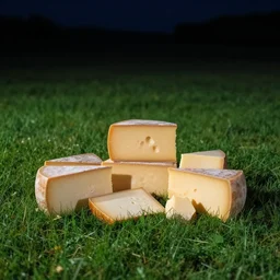 a bunch of cheesen on a green meadow at night