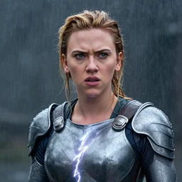 lightning scarlett johansson with angry expression wearing armour in the heavy rain. dramatic lighting, anime style, pencil and ink manga drawing,